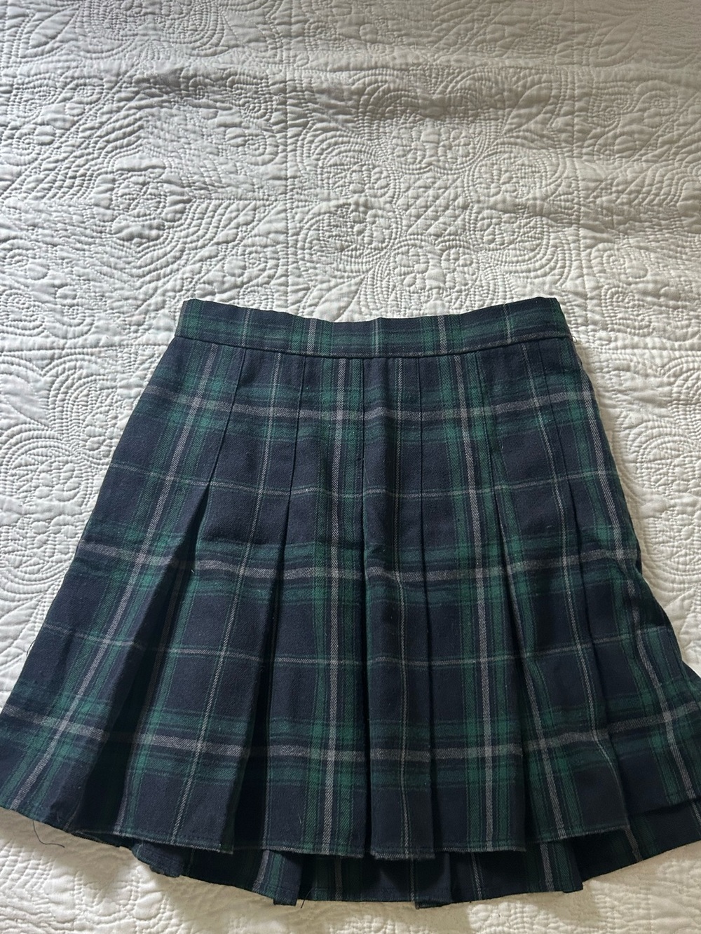 Navy and Green Plaid Pleated Skater Skirt